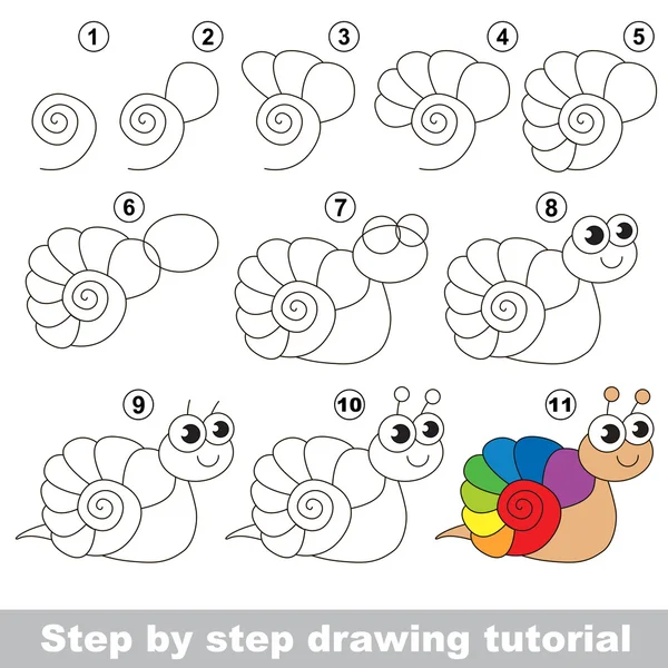 Tutoriel de dessin. L'escargot arc-en-ciel . — Image vectorielle