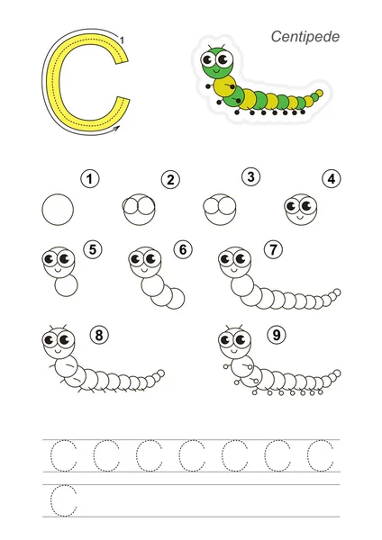 Menggambar tutorial. Permainan untuk huruf C. Lucu Lipan . - Stok Vektor