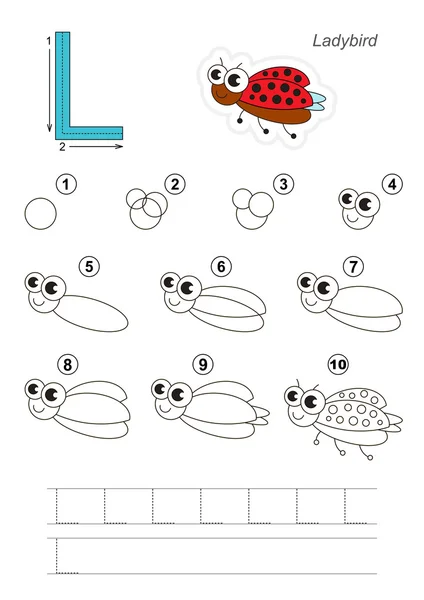 Tekening tutorial. Spel voor letter L. grappige lieveheersbeestje. — Stockvector