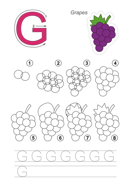 Drawing tutorial. Game for letter G. Grapes. — Stock Vector