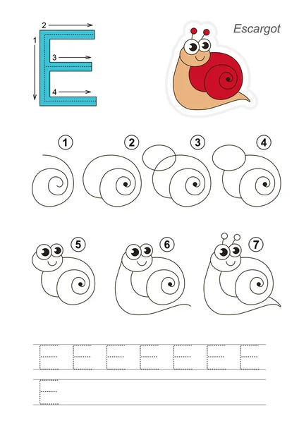 绘图的教程。E.红色蜗牛信的游戏. — 图库矢量图片