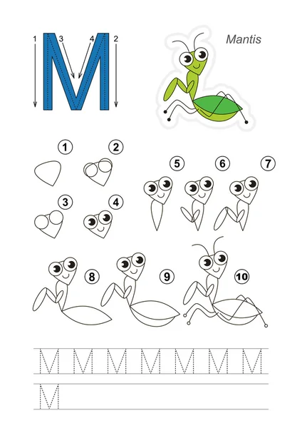绘图的教程。信 M.滑稽螳螂的游戏. — 图库矢量图片