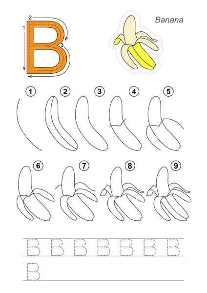 Tutorial de dibujo. Juego para la letra B. El plátano . — Vector de stock