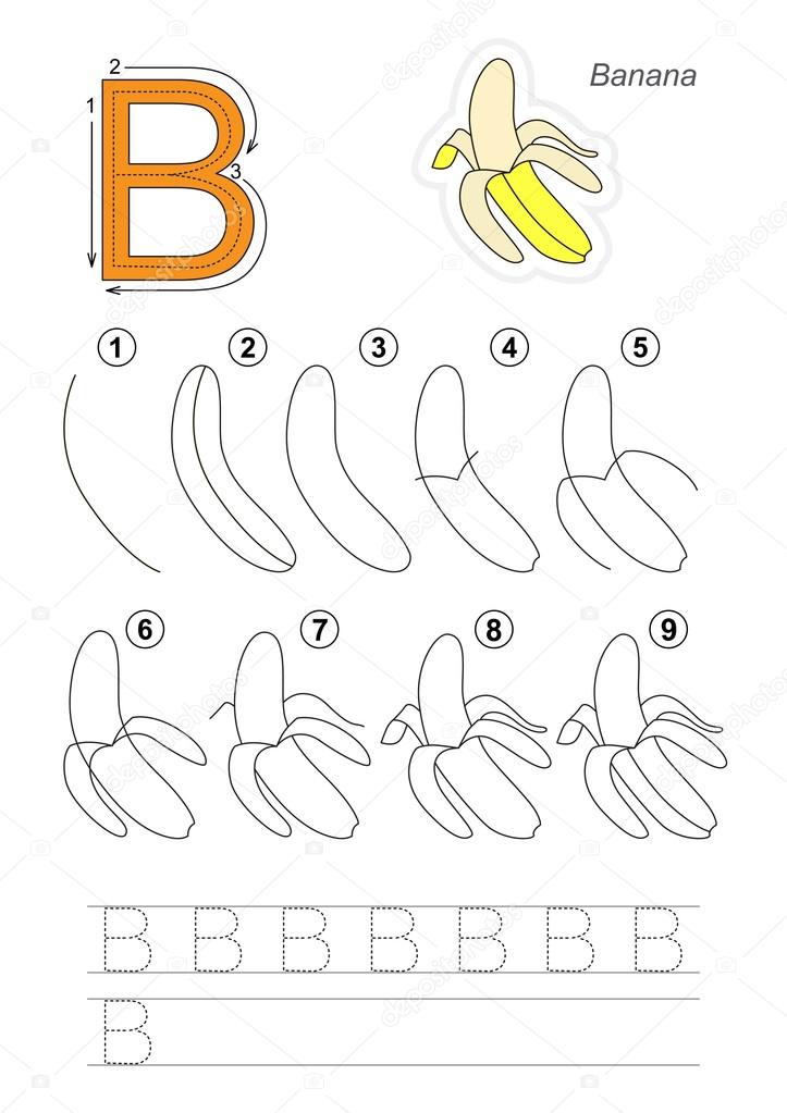 Drawing tutorial. Game for letter B. The Banana.