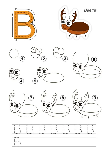 Tekening tutorial. Spel voor de letter B. De Bug. — Stockvector