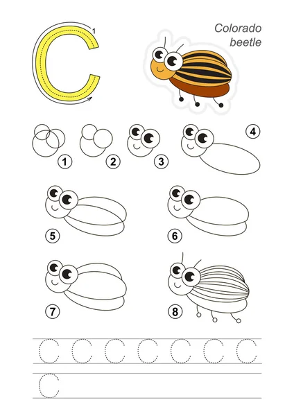 Menggambar tutorial. Permainan untuk huruf C. Colorado Potato Beetle . - Stok Vektor