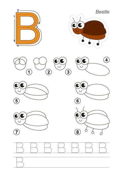 Tutoriel de dessin. Jeu pour la lettre B. Le petit bug . — Image vectorielle