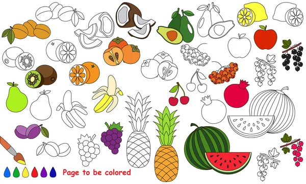 Grande conjunto de frutas de verão desenhos animados. Página a ser colorida . —  Vetores de Stock