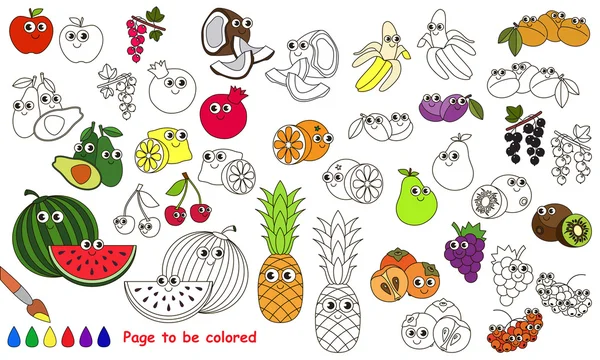 Funny big fruit set cartoon. Page to be colored. — Stock Vector