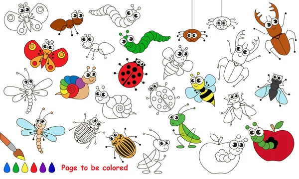 Conjunto de dibujos animados divertidos insectos. Página a colorear . — Vector de stock