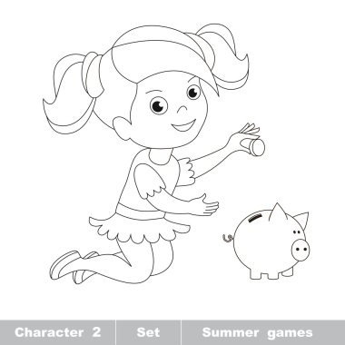 Küçük bir bebek kız oynamak sikke ve kumbara.