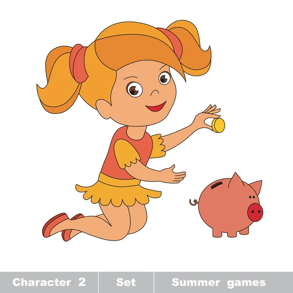 Een babymeisje spelen met munt en piggy bank. — Stockvector