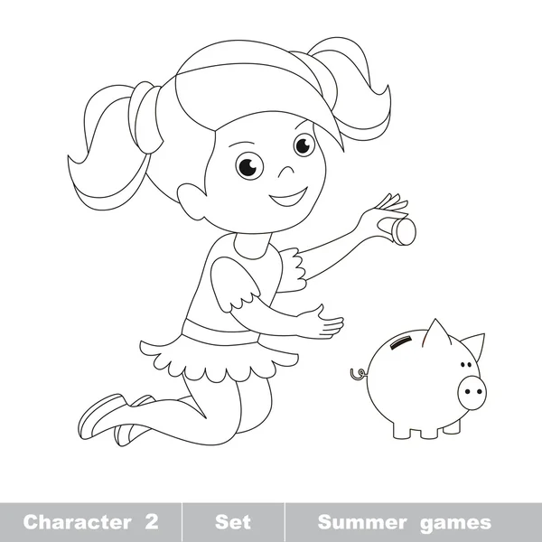 Une petite fille joue avec la monnaie et la tirelire . — Image vectorielle