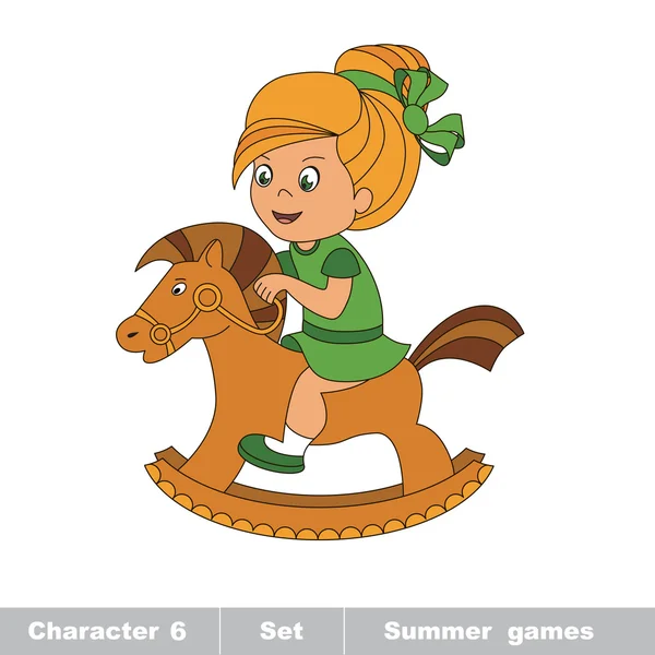 Een meisje van de baby van de tekenfilm spelen haar schommelpaard. — Stockvector