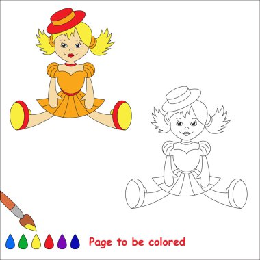 Blonde toy doll in orange dress and red hat.