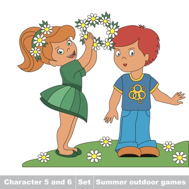 Little baby girl wears boy friend wreath of flowers.