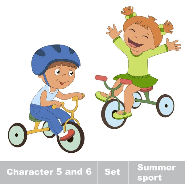 Two baby boy and girl ride a bike. — Stock Vector