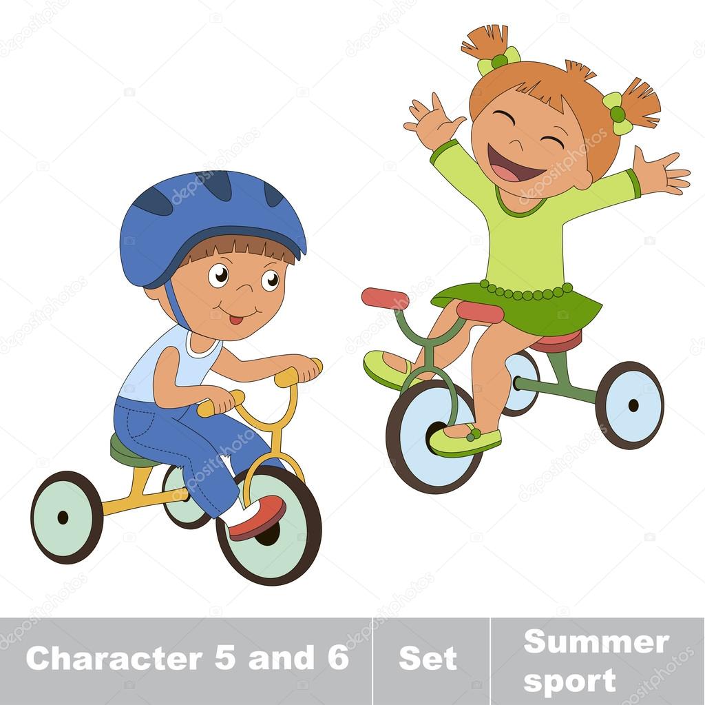 Two baby boy and girl ride a bike.