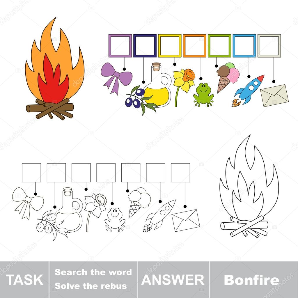 Vector game. Find hidden word bonfire. Search the word.