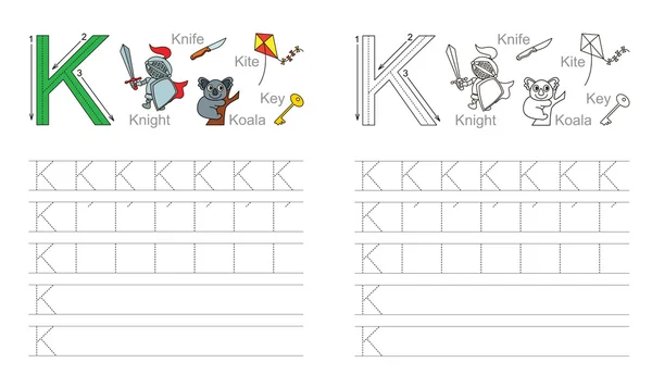 Tracing worksheet for letter K — Stock Vector