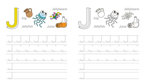 Tracing worksheet for letter J — Stock Vector