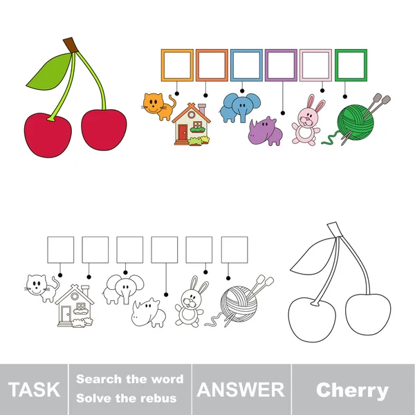 Vector game. Search the word. Find hidden word cherry — Stock Vector