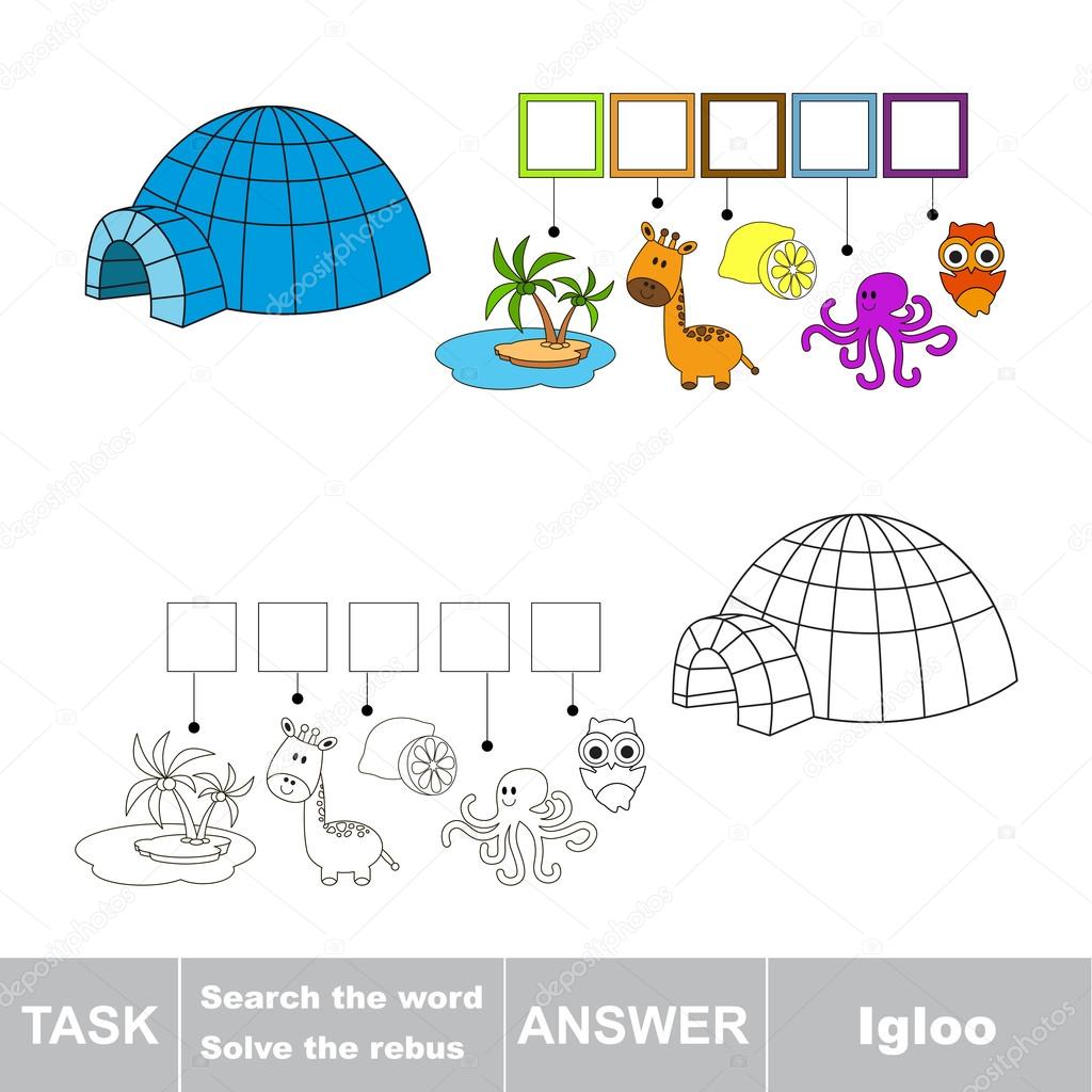 Vector game. Search the word. Find hidden word Igloo