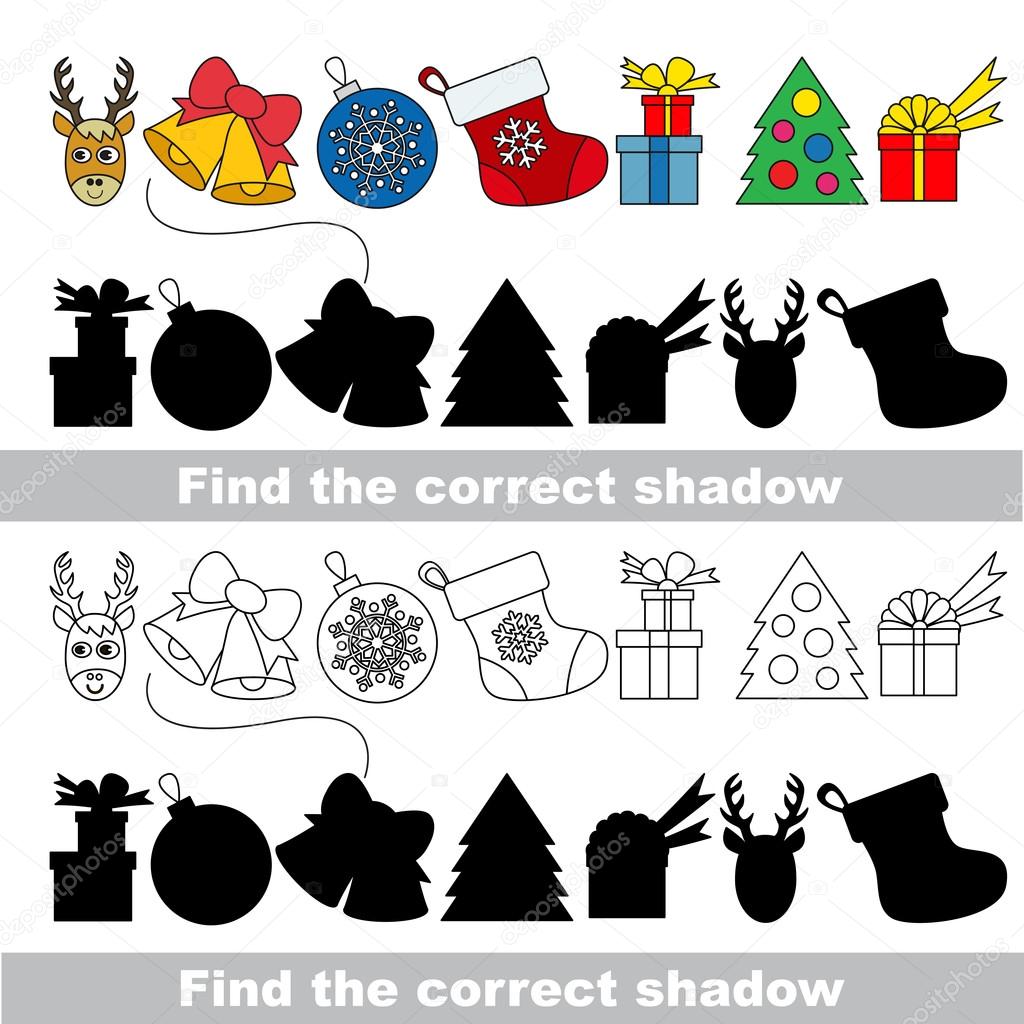 New year and Xmas collection. Find correct shadow.
