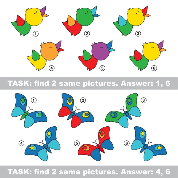 Visuella spel. Hitta dolda par Bird och butterfly — Stock vektor