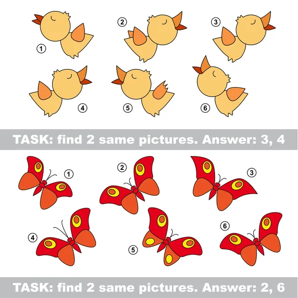 Permainan visual. Cari pasangan tersembunyi burung dan kupu-kupu - Stok Vektor