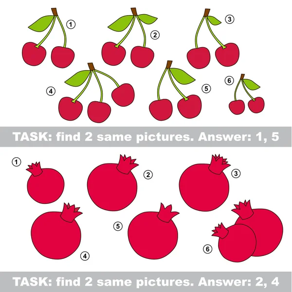 Visuele spel. Vind verborgen paar Cherry en granaatappel — Stockvector