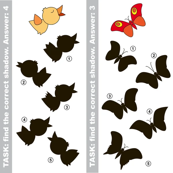 Pájaro y mariposa. Encontrar verdadera sombra correcta . — Archivo Imágenes Vectoriales