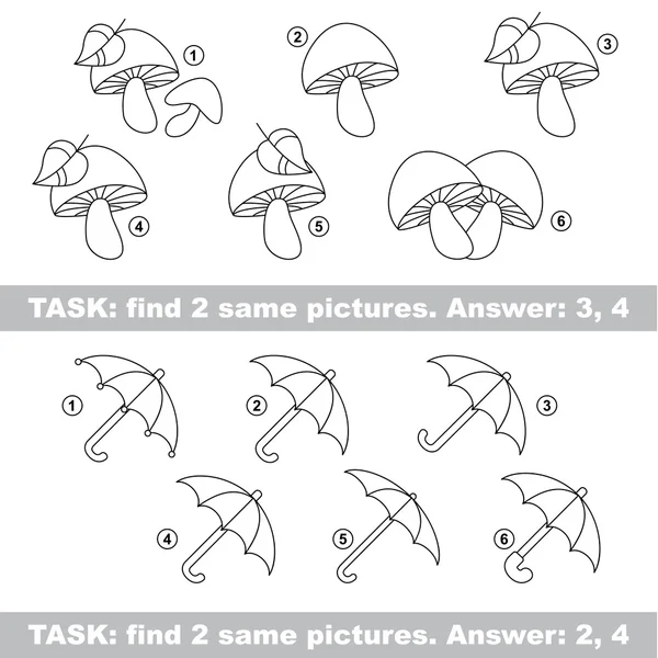 Juego visual. Encontrar pareja oculta de champiñones y paraguas — Archivo Imágenes Vectoriales
