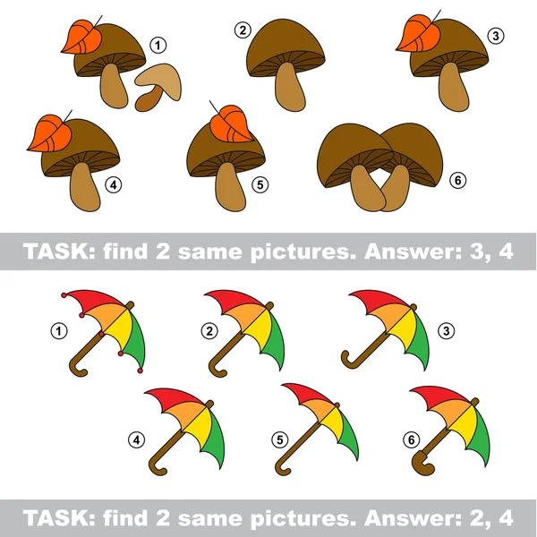 Görsel oyun. Mantar ve şemsiye gizli çift bulmak — Stok Vektör