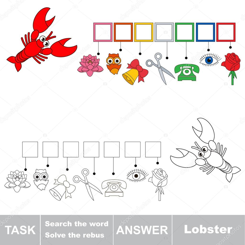 Vector game. Search the word. Find hidden word Lobster