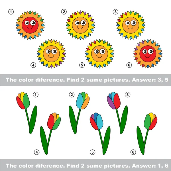 Οπτικό παιχνίδι. Βρείτε το κρυφό ζευγάρι ήλιοι και τουλίπες — Διανυσματικό Αρχείο