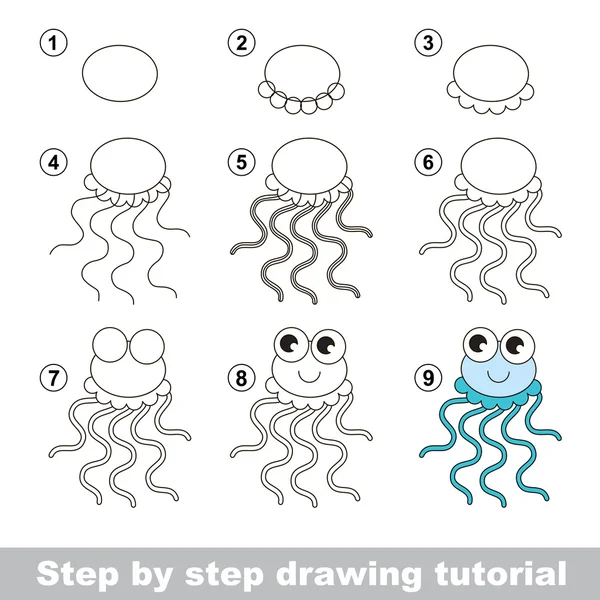 Tutorial de dibujo. Cómo dibujar una medusa — Vector de stock