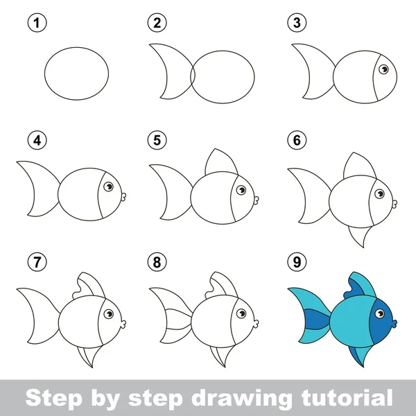 Tutorial de dibujo. Cómo dibujar un lindo pez — Vector de stock