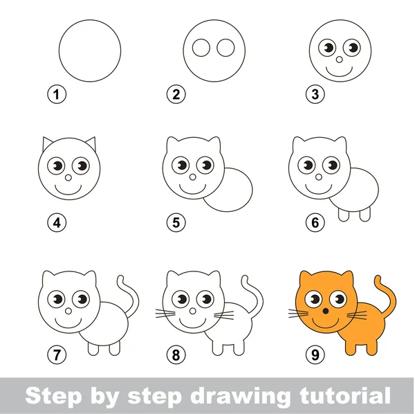 Tutorial de dibujo. Cómo dibujar un gatito pequeño — Vector de stock