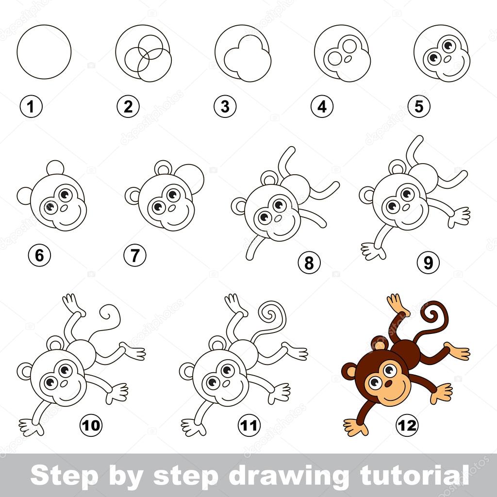 Tutorial de desenho. Como desenhar um macaco engraçado imagem vetorial de  Anna_Mikhailova© 96640286
