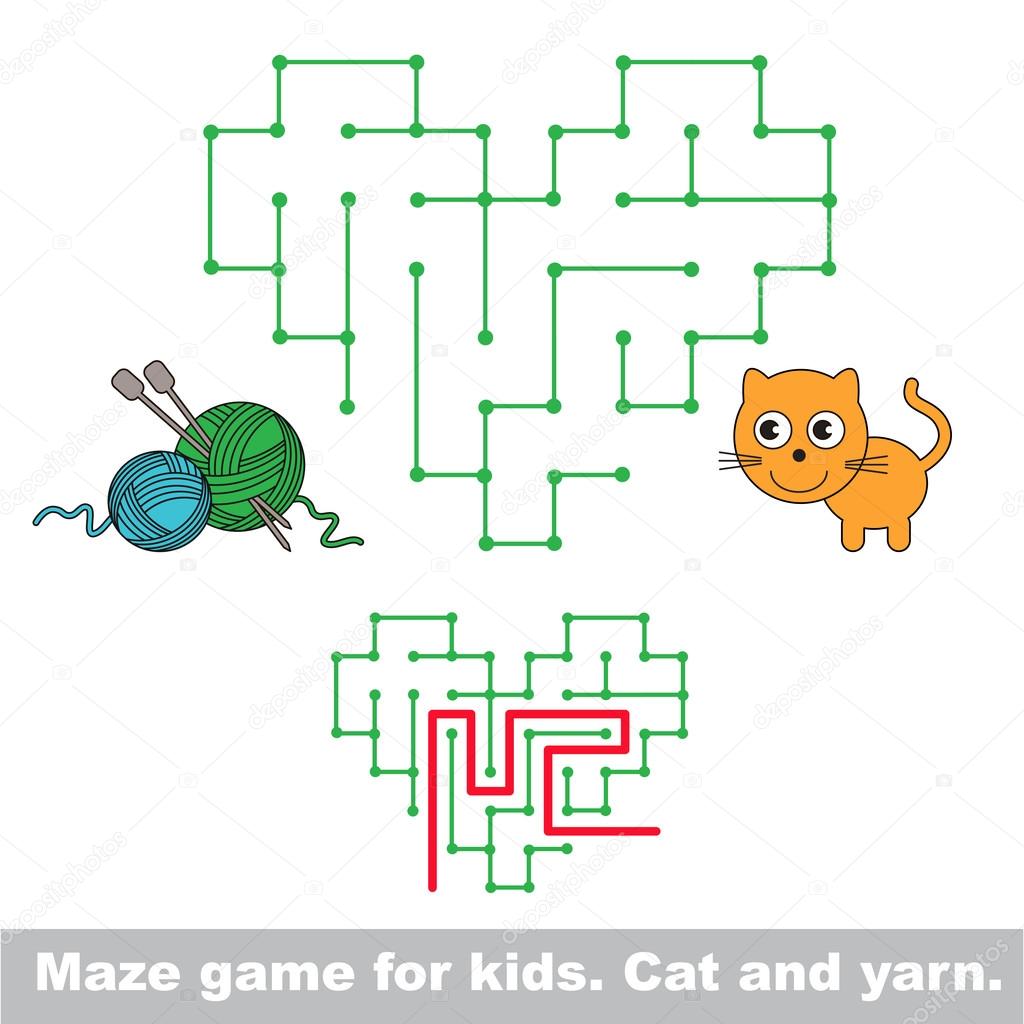 Kid maze game. Cat want to play with yarn.