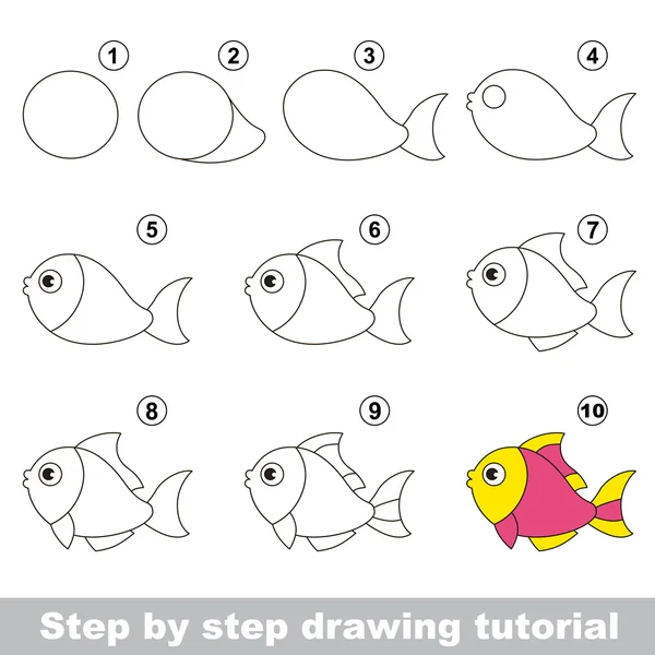 Pesce divertente. Tutorial di disegno . — Vettoriale Stock