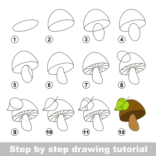 Tutorial de desenho. Como desenhar um cogumelo —  Vetores de Stock