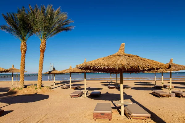 Plage Déserte Vide Chaises Longues Parasols Sur Les Rives Mer Images De Stock Libres De Droits