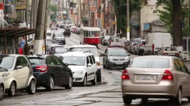 Kiev, Ukrayna - 15 Mayıs 2014. Tramvay taşıt trafiği
