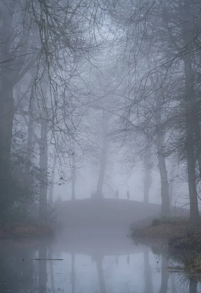 Çok sisli bir kış sabahı parkta iki kişi..
