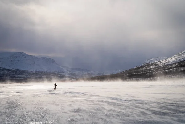 Ulusal park Sarek 'teki donmuş bir nehirde kızaklı (pulka) bir kros kayakçısı. Laponya, İsveç.