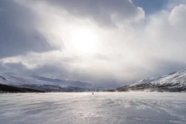 High Winds Cross Country Skier Sled Pulka Frozen River Lapland — Stock Photo, Image