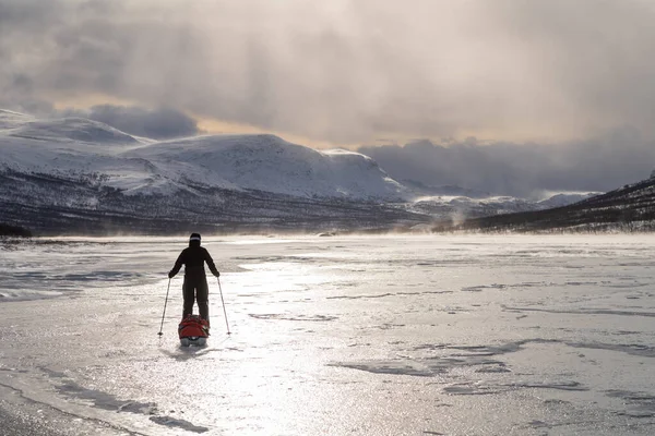 Cross Country Skier Sled Pulka Frozen River National Park Sarek — Stock Photo, Image