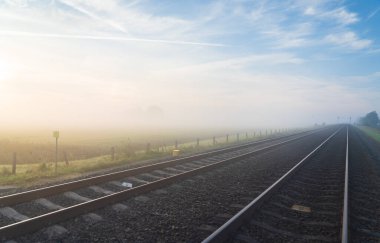 Empty railroad tracks disappearing into the spring fog.